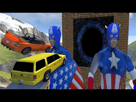 Crazy Vehicle High Speed Jumps Over Captain America Into Black Hole - BeamNG.drive Pool Jumps