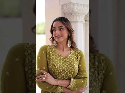 Mehendi Green Rich Sequins & Zari Embroidered Faux Georgette Gown with Cut-Work Dupatta – Full Sleeves, Fancy V-Neck, Fully Stitched