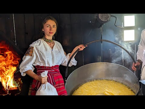 Traditional mountain porridge. Cooking tasty lunch in the Ukrainian Carpathians