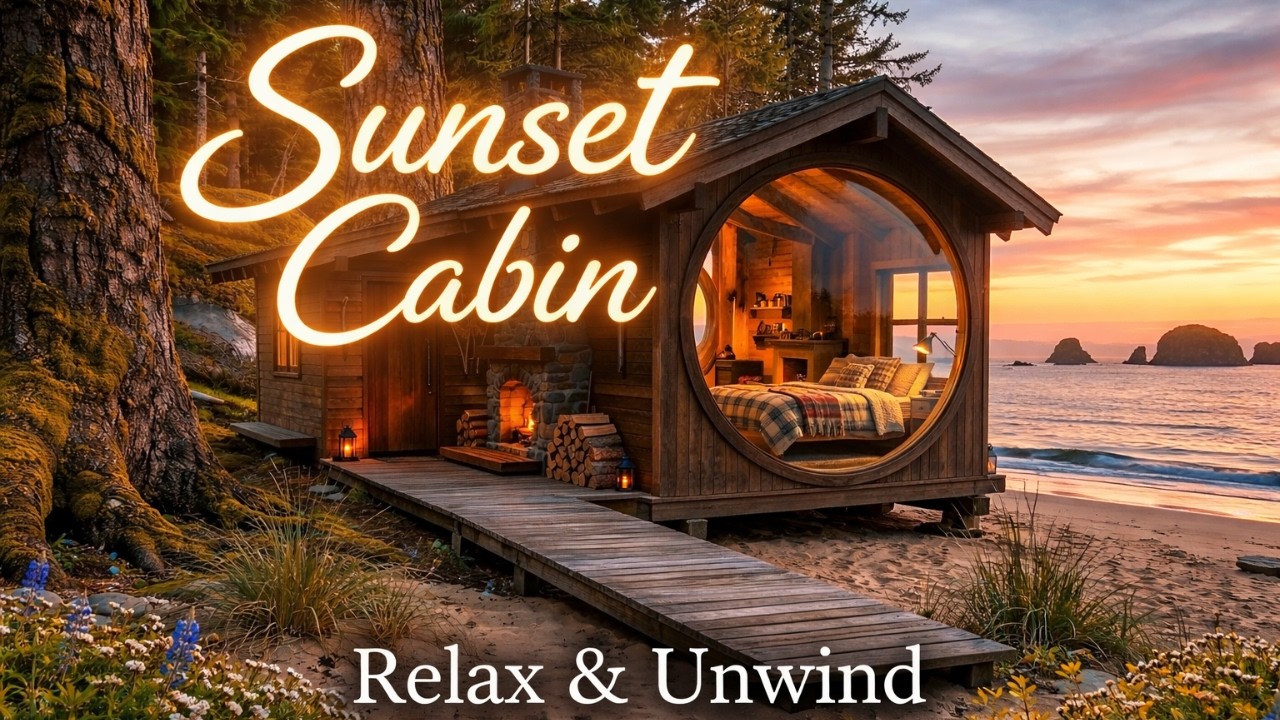 Golden Sunset Beach Cabin 🌅🌊 | Relaxing Ocean Waves & Cozy Fireplace Ambience #relaxingmusic
