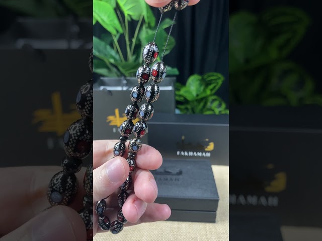 سبحة يسر طبيعي مطعم بالفضة والمرجان الأحمر