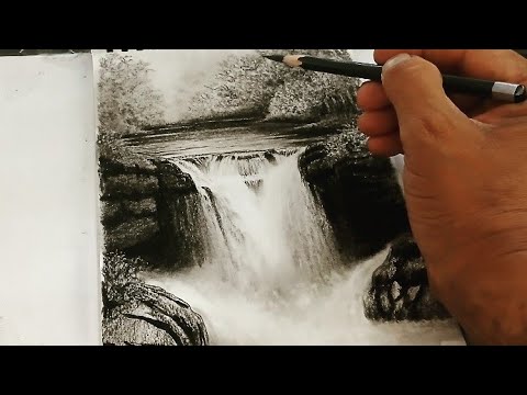 How to draw waterfall landscape scenery with pencil easy ways.