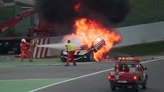 CAR ENGINE CRASH - CAR on FIRE !! (Huge flames &amp; Smoke) +5 min Fireman service