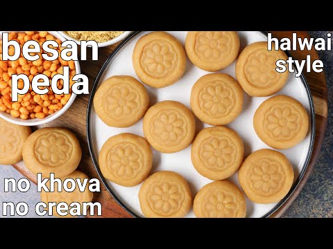 besan coconut peda recipe - no khoya, no sugar syrup | besan coconut barfi peda with milk powder