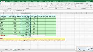 Excel KDV Hesaplama Toplam Satış Tutarı Hesapla