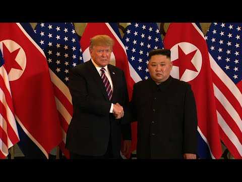 US President Donald Trump and North Korean leader Kim Jong Un greeted with a handshake and laughs at the beginning of their second summit in Hanoi, Vietnam. (Feb. 27)