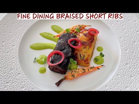 Fine Dining Braised Short Ribs w/ Potato Gratin, Pea Puree, Roasted Carrots & Pickled Onions