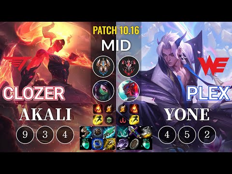 T1 Clozer Akali vs WE Plex Yone Mid - KR Patch 10.16
