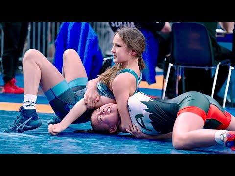 U13 Agnes Nyman (SWE) vs Zsofia Bogdan (HUN) 45kg. Girls women's youth wrestling tournament. B-cam-m