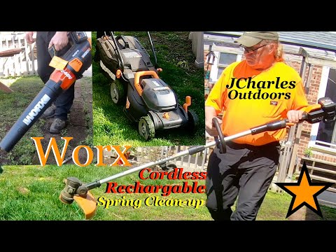 WORX Rechargeable 40V MAX 13\" Cordless String Trimmer & Edger w/ Power Share Leaf Blower & 14\" Mower