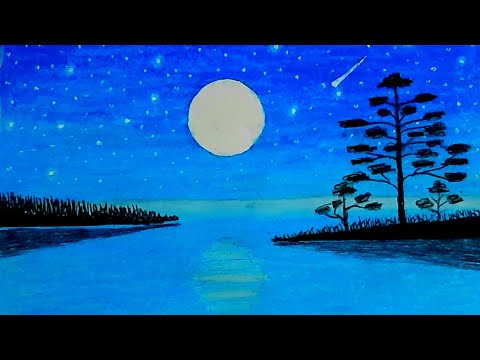 moonlight waterfall scenery drawing for beginners with oil pastels