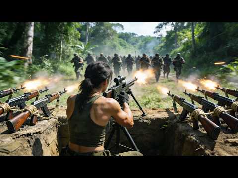 Gunfight Action Film: A clever woman sets up 10 rifles to fire simultaneously, scaring the Japs off!