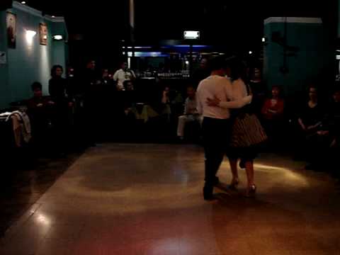  Gabriela Elias  and  Eduardo Perez  are  dancing  to  the  milonga  "  Milonga del Recuerdo  "