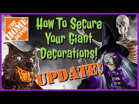 How To Secure & Wind Protect Your Home Depot 12 Foot Skeleton Werewolf & Witch Halloween Decoration
