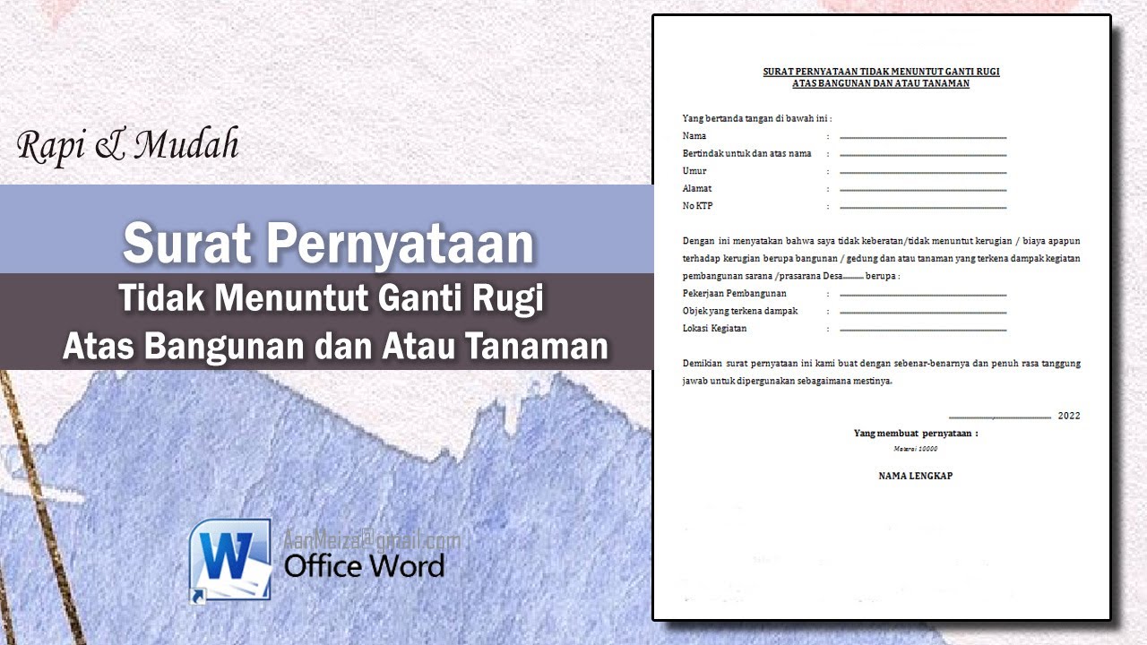 Surat Pernyataan Tidak Menuntut Ganti Rugi Atas Bangunan dan Atau Tanaman || SURAT PERNYATAAN