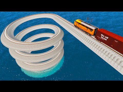 Impossible Weird Spiral Rail Tracks Vs Trains Crossing Giant Pit - BeamNG.Drive