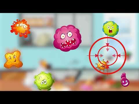 Bacteria and virus killed by shooting target icon in dirty room background