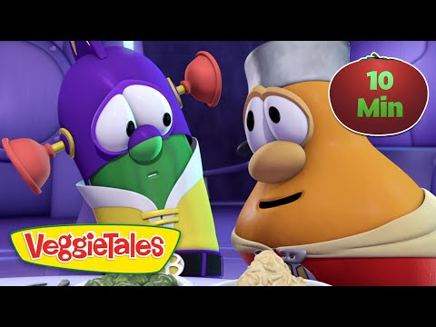 Two VeggieTales characters at a table with food, VeggieTales logo visible, '10 Min' badge in corner and a purple character speaking to an orange chef.