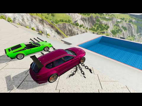 Crazy Vehicle Stairs Jumps Down With Giant Chain - BeamNG drive Down Stairs Pool Jumps