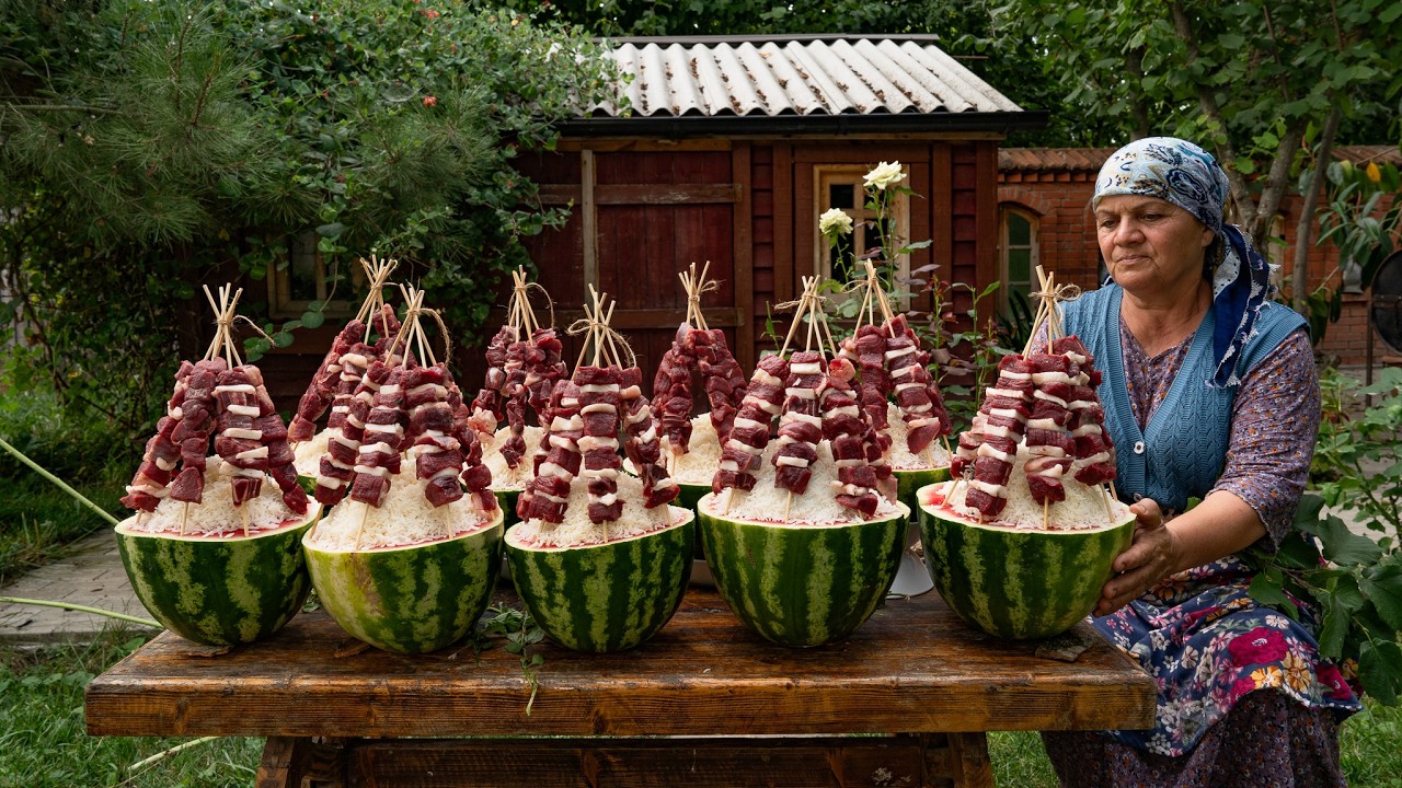 Rice & Beef Stuffed Watermelon | Rustic Village Recipe 🥩🍉