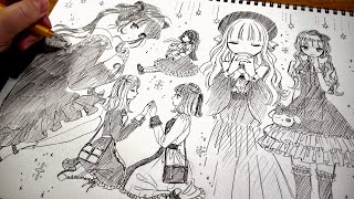 【アナログ】ゴスロリ服な女の子1ページいっぱいに描いてみた【プロ漫画家】gothic lolita fashion girl illustration speed making