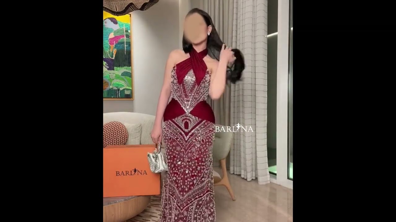 فستان سهرة خمري بتطريز فضي فاخر - XXL