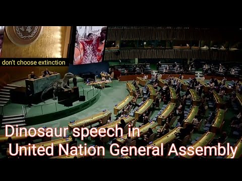 Dinosaur in United Nation General Assembly // don't choose extinction // Save Earth Save Life