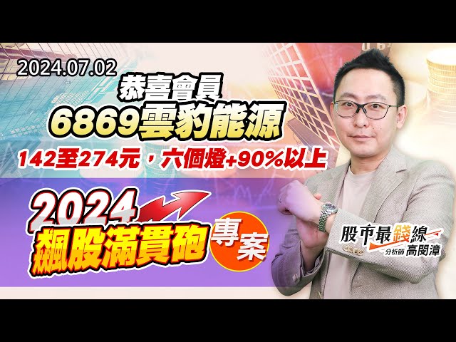 20240702《股市最錢線》#高閔漳 ”恭喜會員6869雲豹能源，142至274元，六個燈+90%以上“”2024飆股滿貫砲專案“