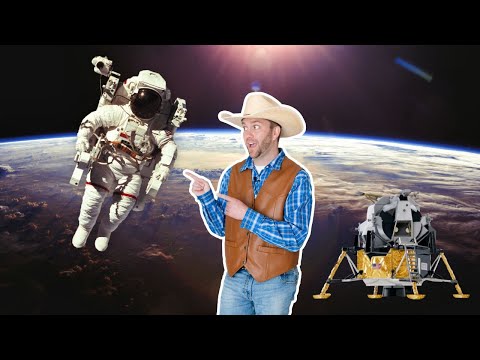 A man in a cowboy hat and brown vest points at an astronaut floating above Earth, with a lunar lander nearby in space behind them.