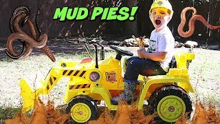 Kid Playing Outside Making Mud Pies in Paw Patrol Ride On Construction Truck Pretend Play