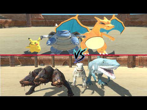 CERBERUS AND KING SHARK AND INDOMINUS REX VS TEAM POKEMON - Animal Revolt Battle Simulator