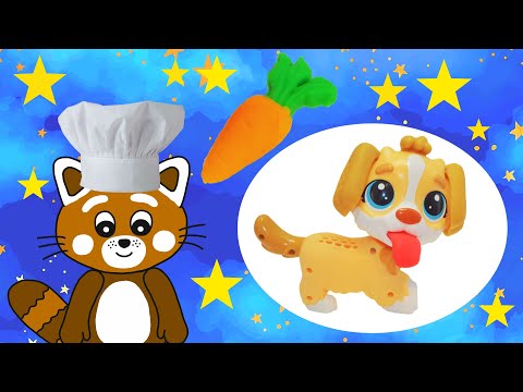 Pukkins gör rolig mat i Play doh med hunden - Lek och lär dig färger - Lek med oss