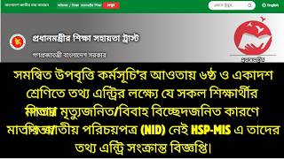 যে সকল শিক্ষার্থীর পিতা/মাতার মৃত্যুজনিত কারণে পিতা/মাতার NID নেই HSP-MIS এ তাদের এন্ট্রি সংক্রান্ত