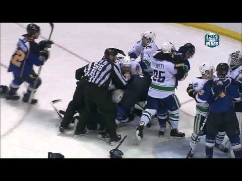 Backes, Perron, Kassian, Alberts scrum April 16 2013 Vancouver Canucks vs St. Louis Blues NHL