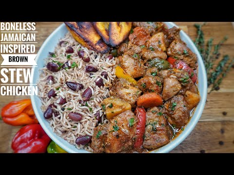 BONELESS JAMAICAN INSPIRED BROWN STEW CHICKEN, RICE AND PEAS AND FRIED PLANTAIN