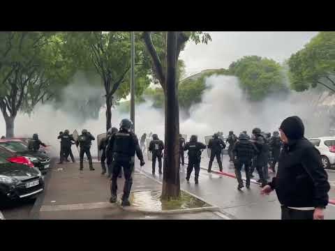 Tensions erupt between Marseille ultras and Feyenoord Rotterdam hooligans in front of the Velodrome.