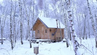 frozen log cabin in wilderness, -18 winter overnight with new wooden stove