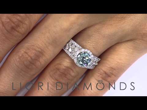 FD-589 - 2.58 Carat Fancy Blue Diamond Engagement Ring 14k White Gold Pave Halo Vintage