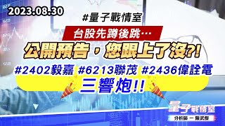 【量子戰情室】#陳武傑 0830 #量子戰情室 台股先蹲後跳…公開預告，您跟上了沒?! #2402毅嘉#6213聯茂#2436偉詮電 三響炮!! (圖)