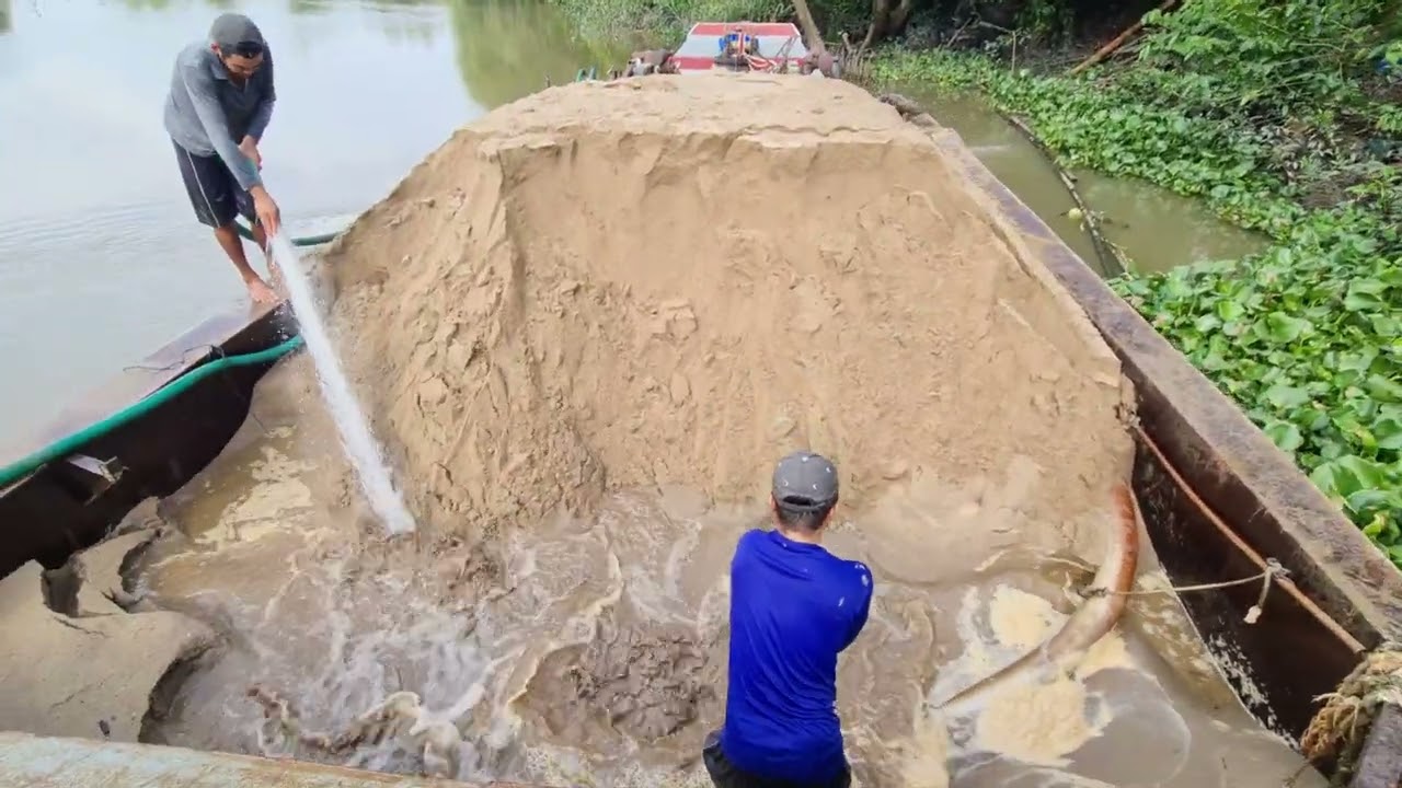 Quá trình bơm ghe cát vàng to san lấp ao/Pumping large grain yellow sand to fill pond