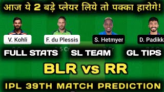 BLR vs RR Dream11 Team | RCB vs RR Dream11 | BLR vs RR Dream11 Prediction | Dream11 today match team