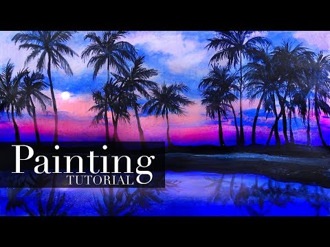 How to Paint a Tropical Sunset with Palm Tree Silhouettes | Acrylic Painting Tutorial