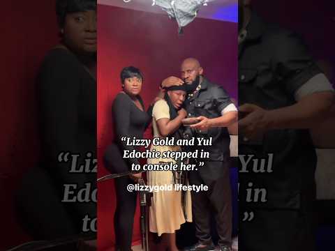 Lizzy Gold and Yul Edochie consoling Destiny Etiko as she cries in fear in a movie