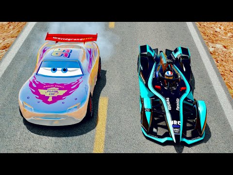 Lightning McQueen Silver Edition vs Formula E 2022 - Desert Drag Race