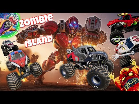 Monster Trucks vs Giant Robot Mayhem Returns! | Marvel Monster Trucks | Zombie Island Adventures