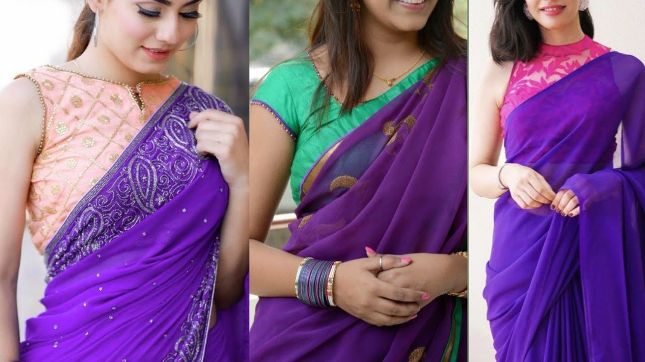purple colour Saree with contrast designer blouse collection..