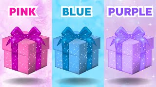 ESCOLHA SEU PRESENTE ROSA AZUL OU ROXA 🦄⭐🚔 Choose your gift 🎁 3 gift box challenge  ELIGE TU REGALO