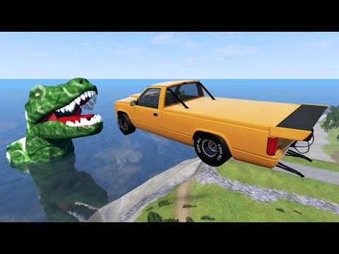Jumping into Giant Dinosaur Mouth - High Speed Crash Testing - car eater dinosaur