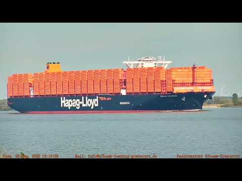 Erstanlauf des Containerschiffs Berlin Express von Rotterdam nach Hamburg am 26.09.2023 Grauerort