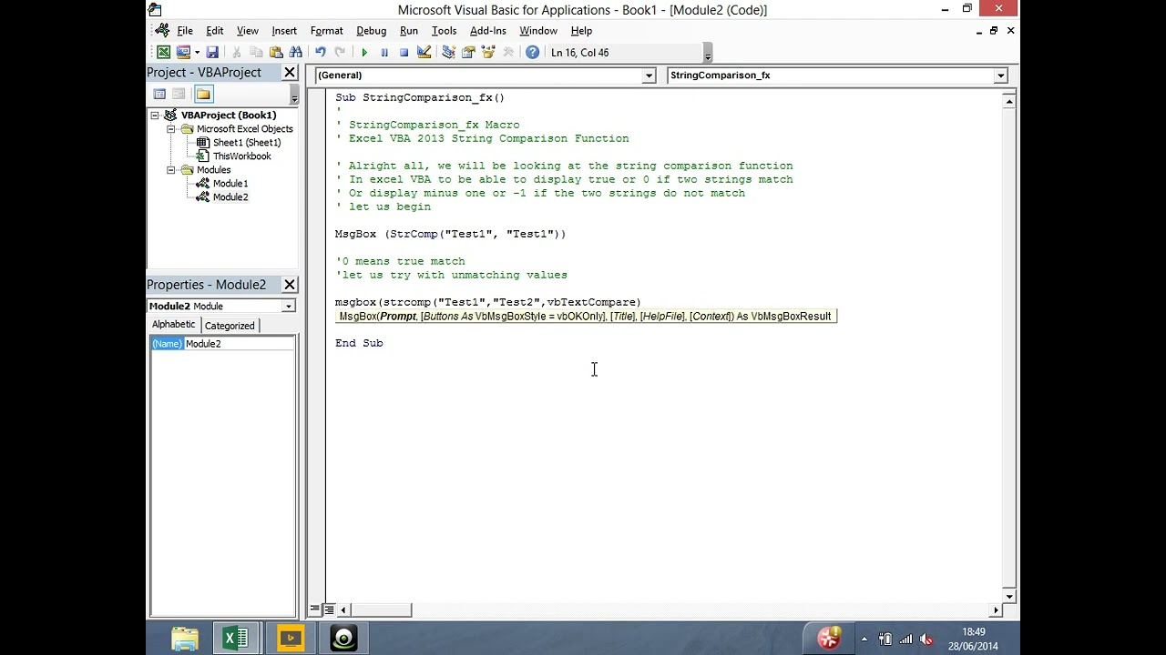 Excel VBA String Comparison Function StrComp